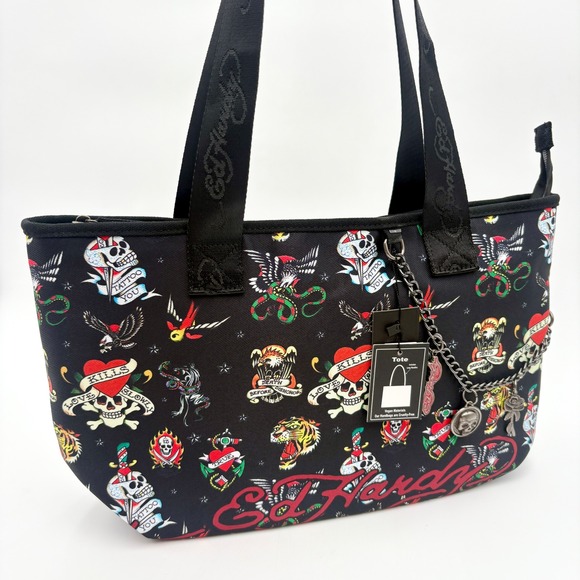 Ed Hardy Tattoo Print Tote Bag Purse Vegan Leather Chain Charm Black - Picture 1 of 8